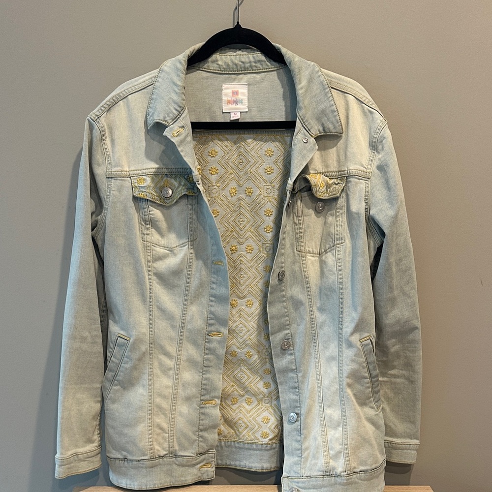 LuLaRoe Light Blue Jean Jacket with Yellow Accents